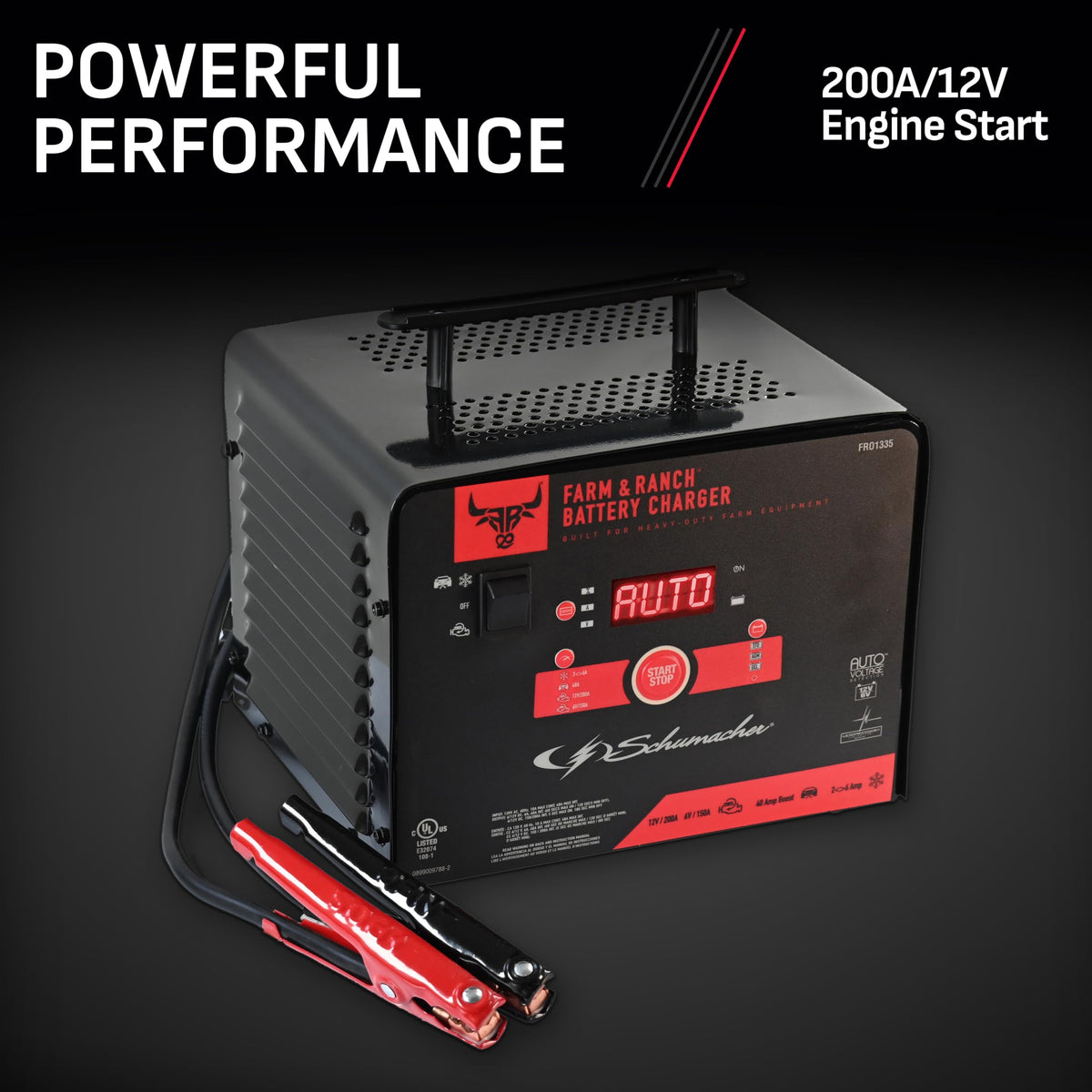 Schumacher FR01335 close-up label showing voltage modes and safety certifications for confidence