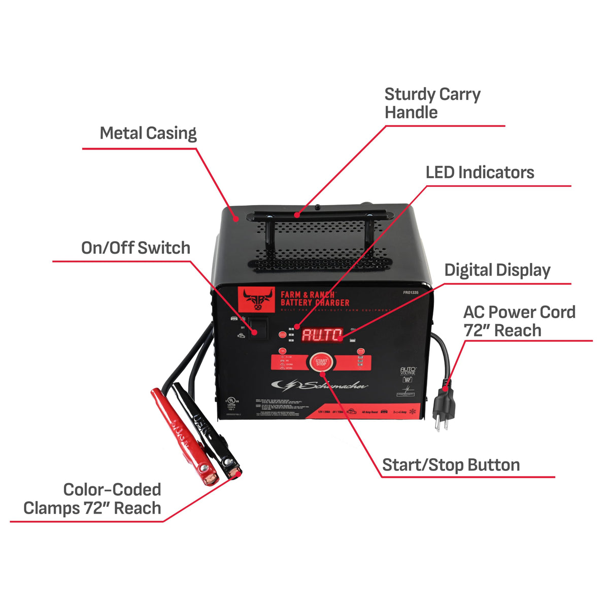 Schumacher FR01335 connected to a farm tractor battery demonstrating rugged, real-world use