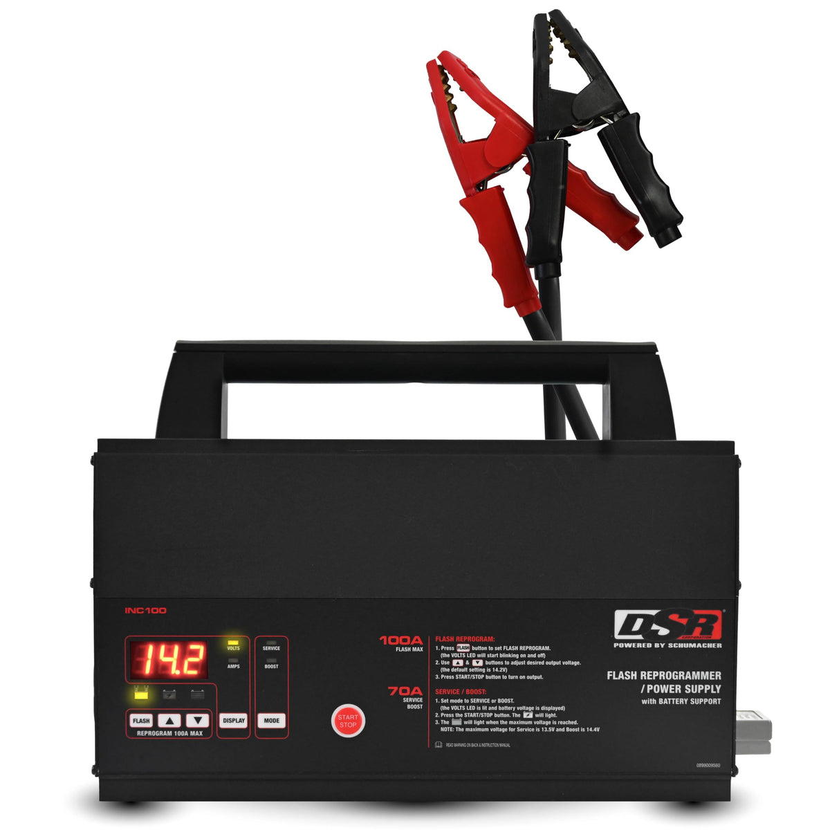 Schumacher INC100 front panel showing controls and rugged housing for reliable shop power