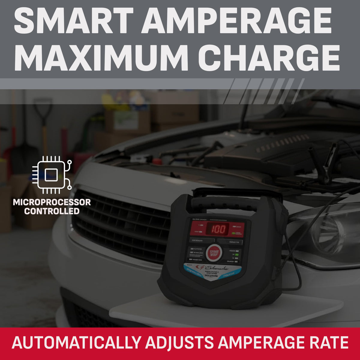 Schumacher SC1280 digital display close-up showing voltage and percent charge benefit