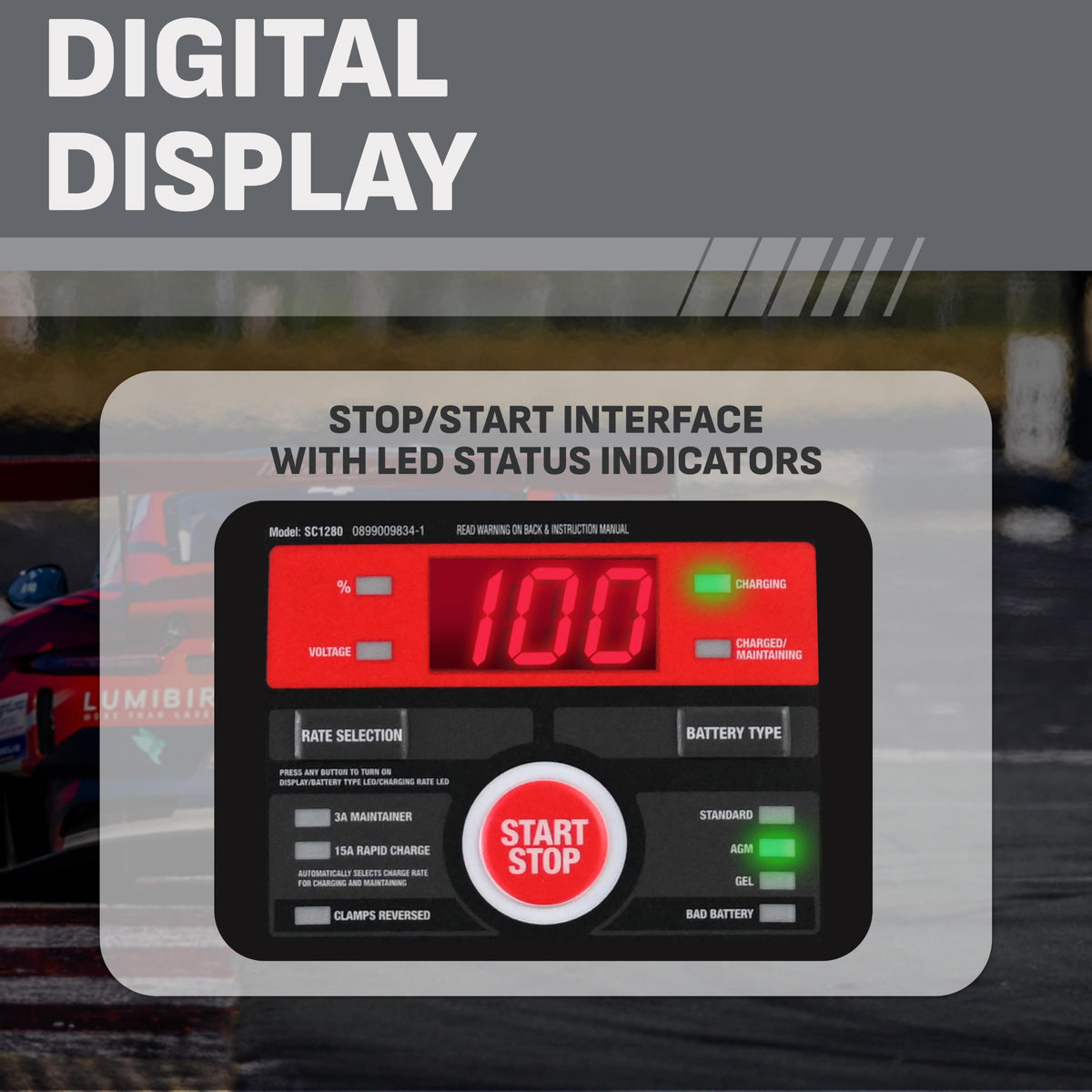 Schumacher SC1280 connected to a car battery illustrating fast 15A recovery benefit