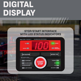 Schumacher SC1280 connected to a car battery illustrating fast 15A recovery benefit