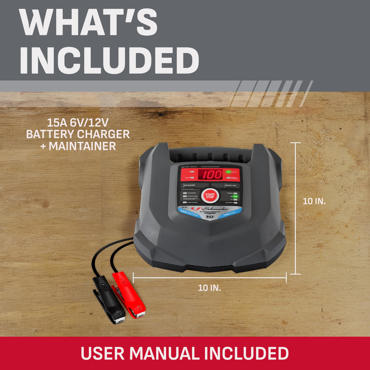 Schumacher SC1280 next to a hand for scale demonstrating compact storage benefit