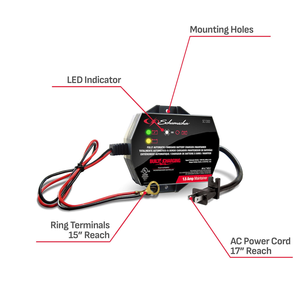 Schumacher SC1300 power cord and plug showing reach for convenient placement