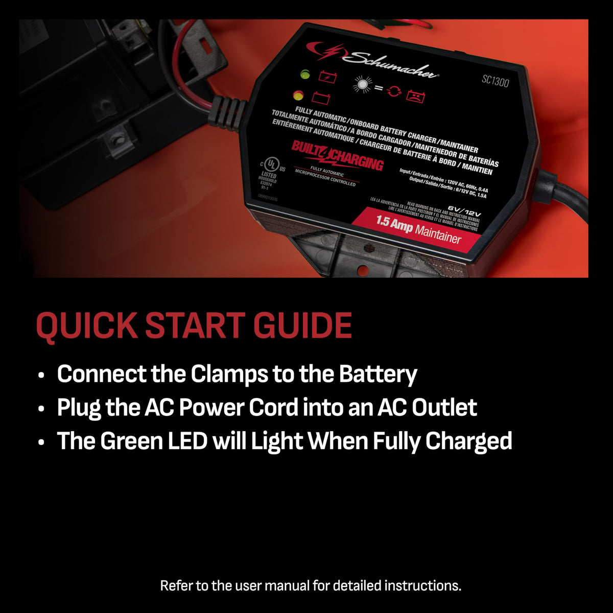 Schumacher SC1300 side label close-up highlighting voltage compatibility and specs