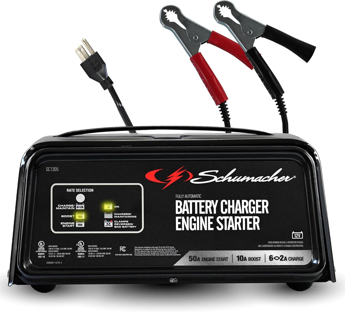 Schumacher SC1305 front panel view showing controls and benefits quick setup