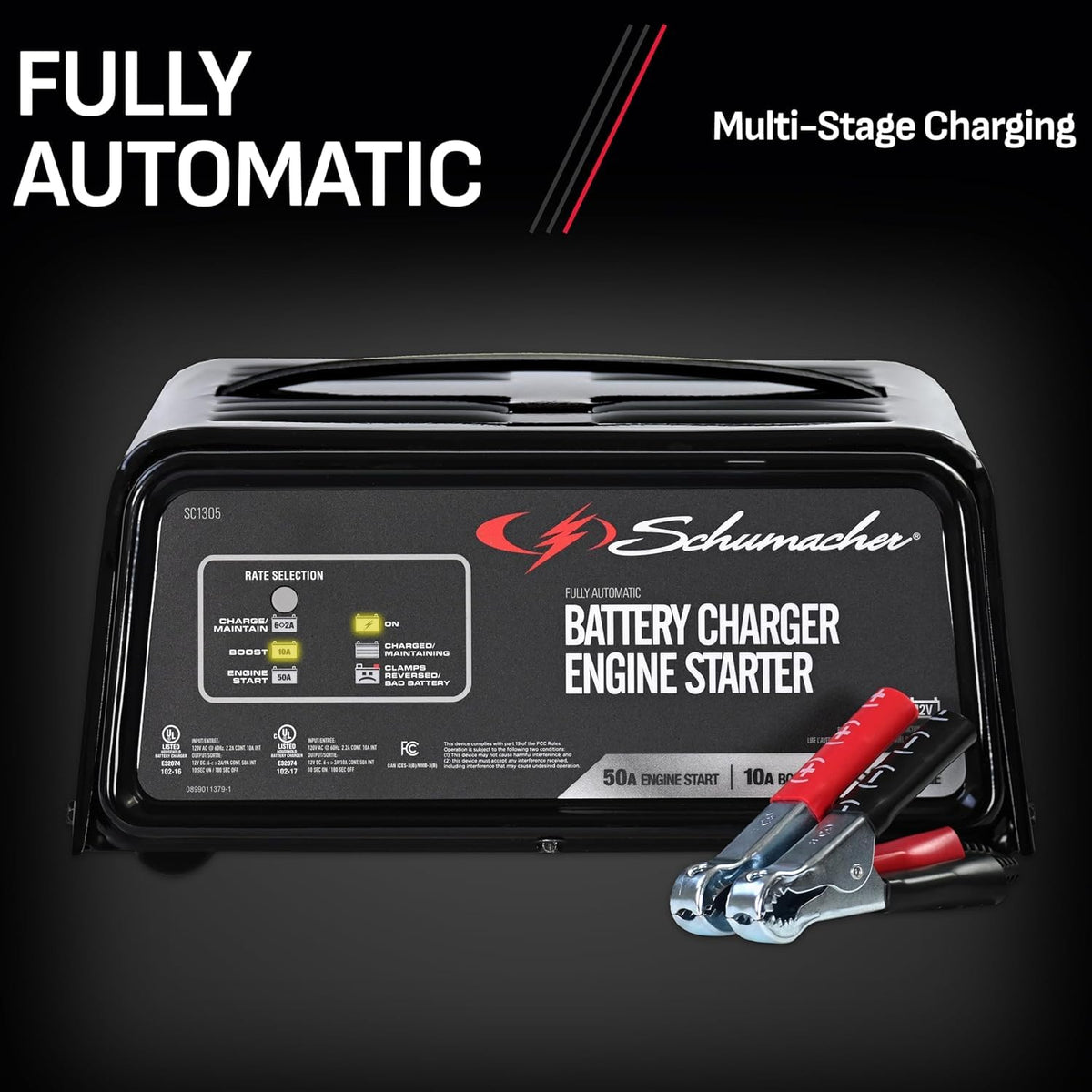 Schumacher SC1305 connected to a car during jump-start providing fast starting benefit