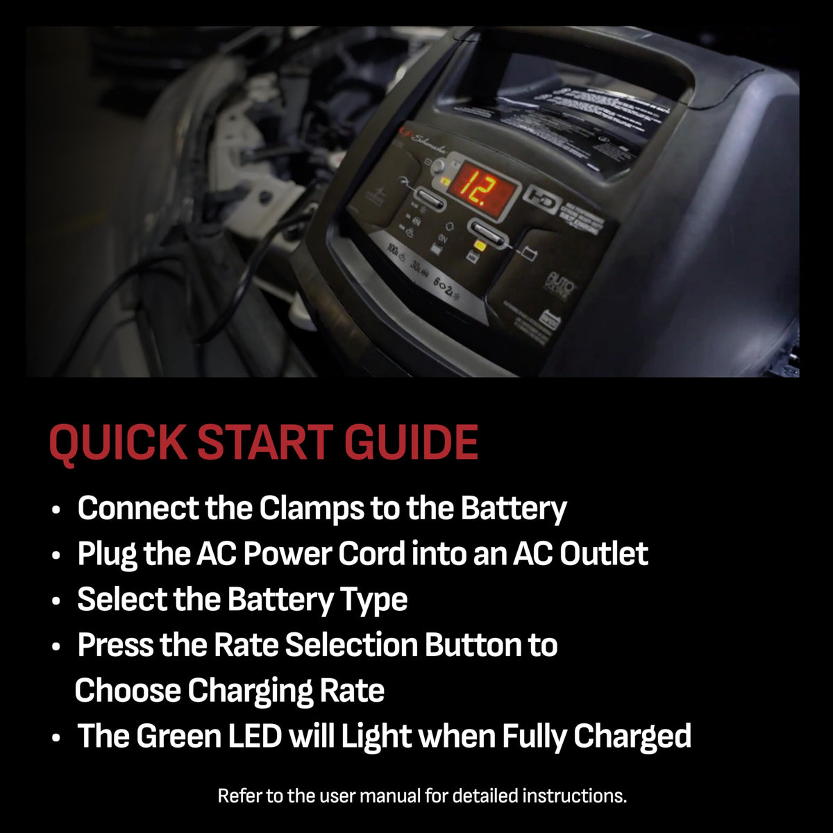 Schumacher SC1308 digital display and LEDs providing clear battery and mode feedback