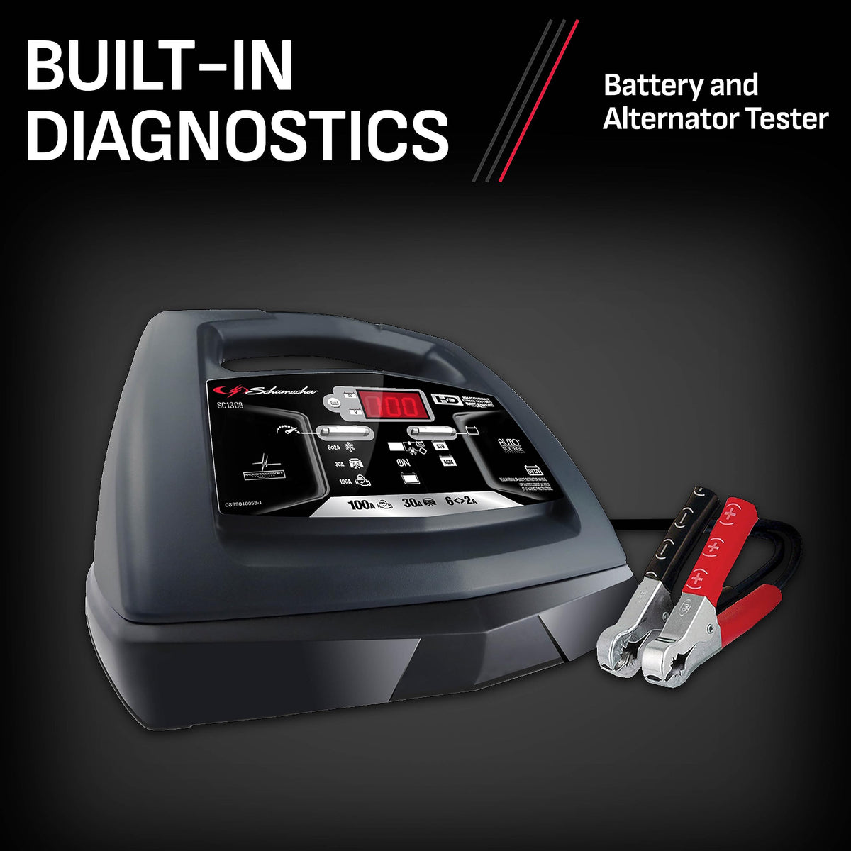 Schumacher SC1308 connected to a car battery delivering a safe quick jump start