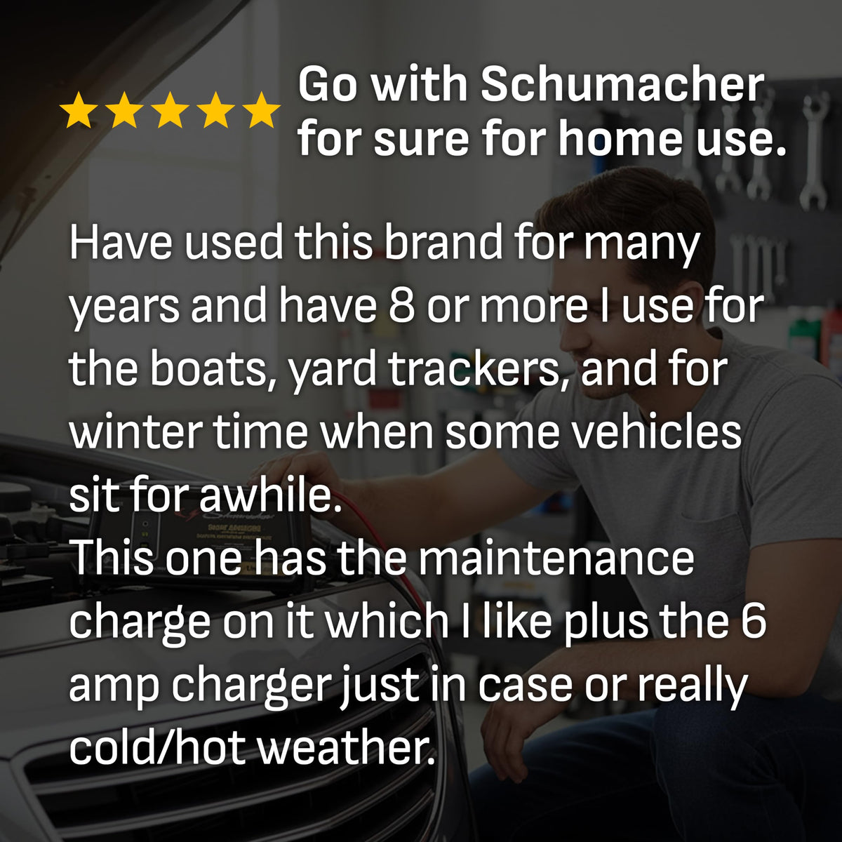 Schumacher SC1320 connected to a car battery demonstrating safe charging benefit