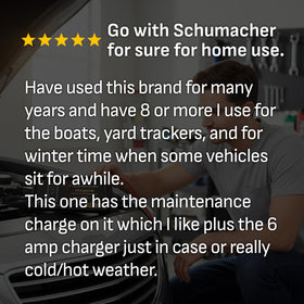 Schumacher SC1320 connected to a car battery demonstrating safe charging benefit