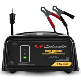 Schumacher SC1320 front view showing compact charger and benefits of space saving