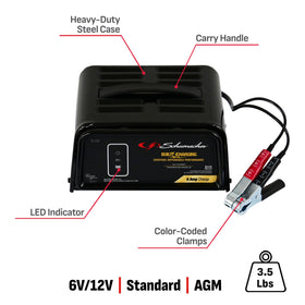 Schumacher SC1320 in a garage lifestyle scene illustrating organized battery maintenance benefit
