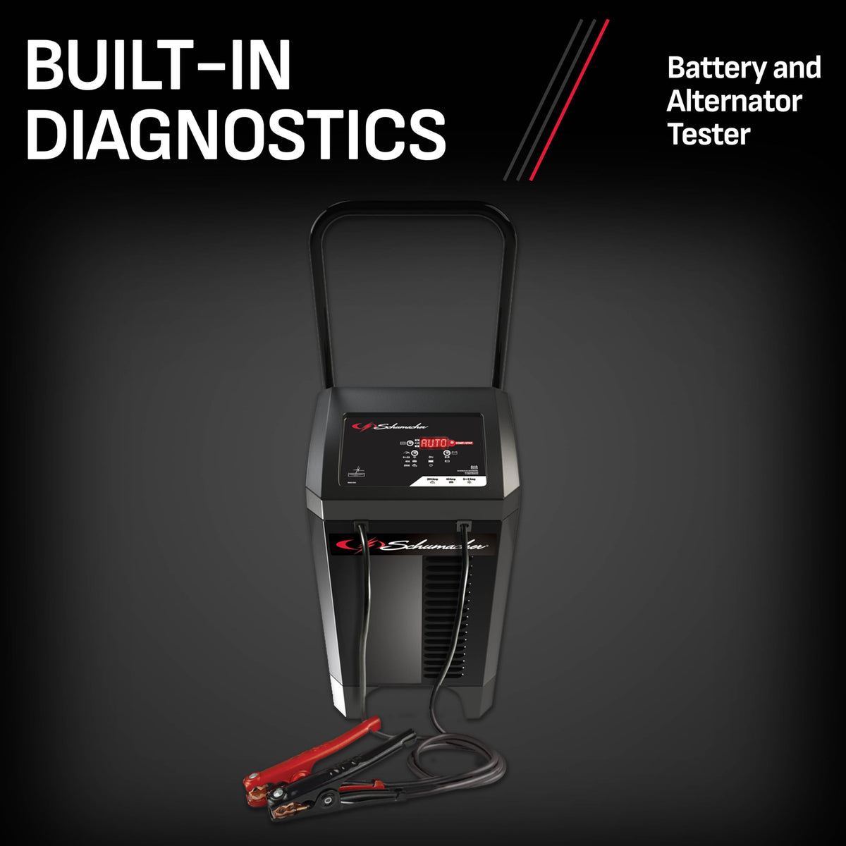 Schumacher SC1353 control close-up displaying charge mode selector for precise charging benefit