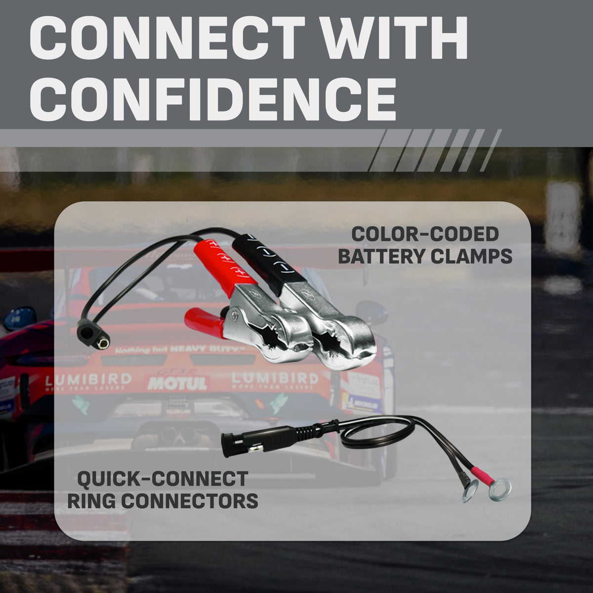 Schumacher power cord and booster leads displayed to show extended reach for garage work