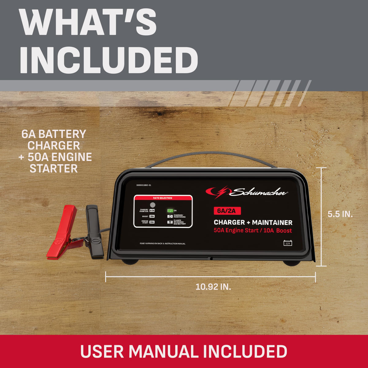 Schumacher SC1361 power cord and booster cables demonstrating reach