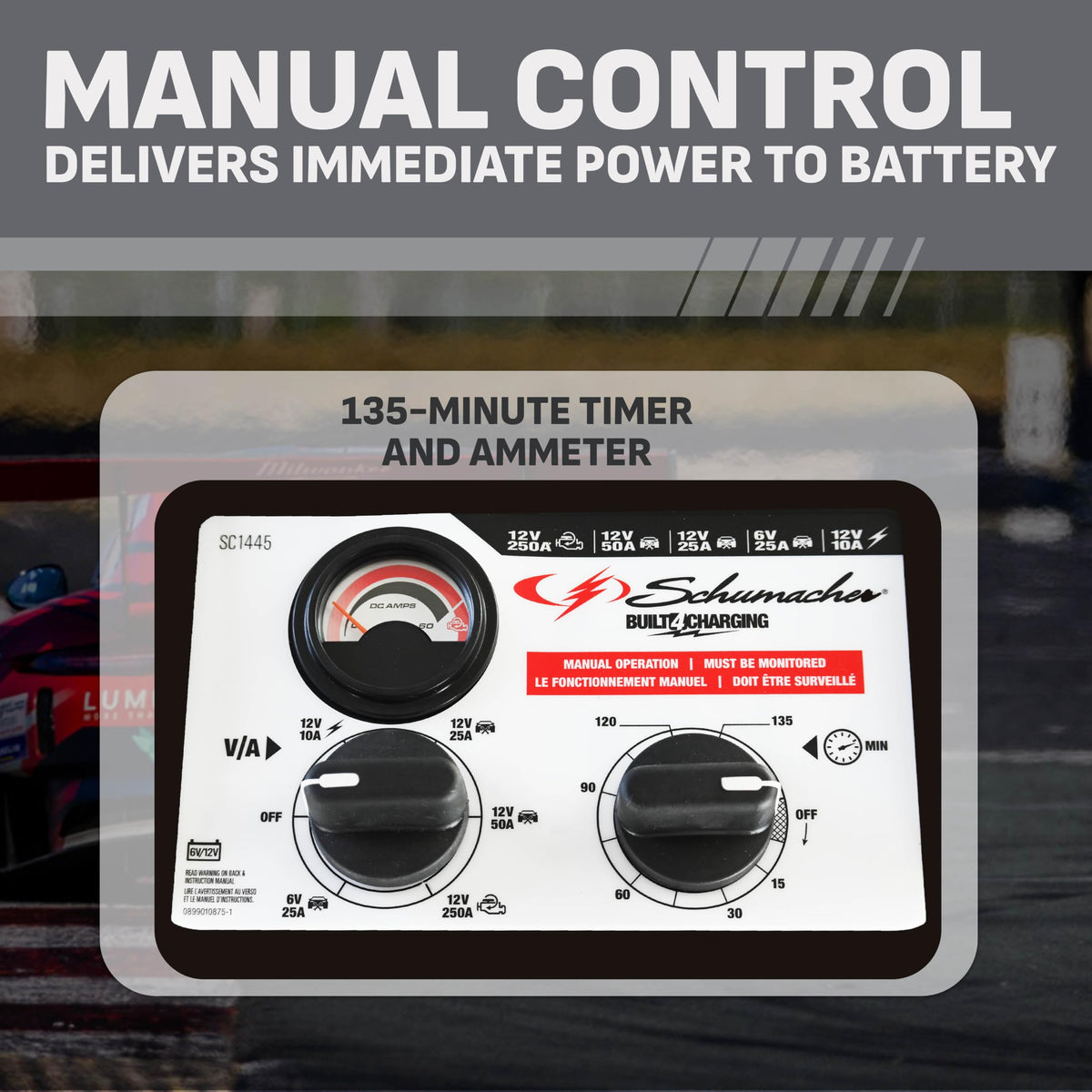 Schumacher SC1445 analog ammeter display providing real-time current monitoring benefit