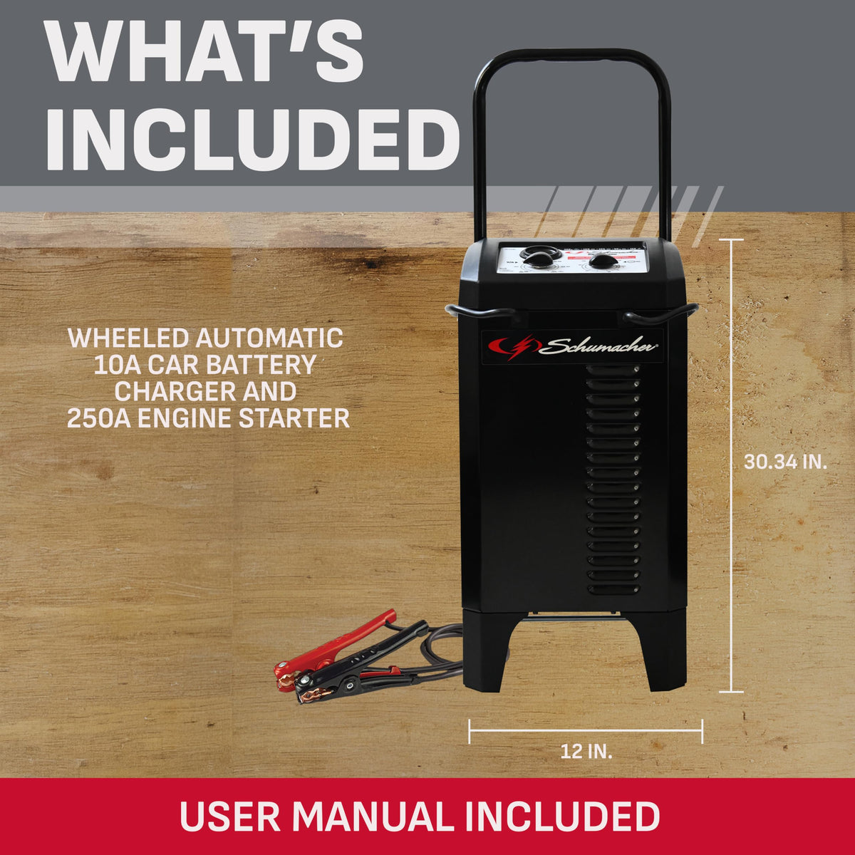 Schumacher SC1445 next to toolbox showing compact footprint and shop readiness