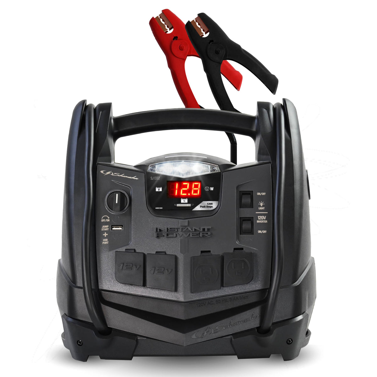 Schumacher SJ1332 front panel showing controls and benefits of multi-function power