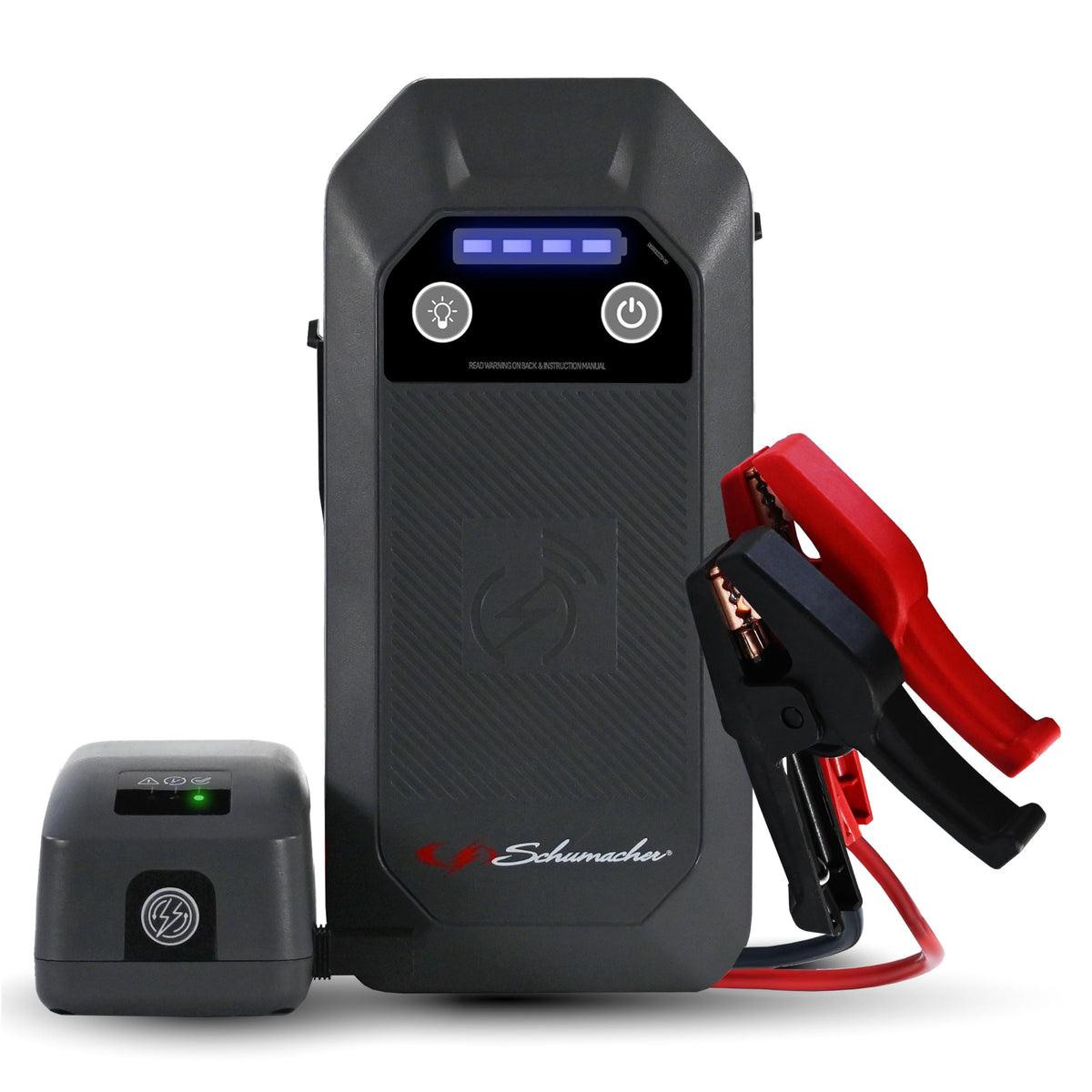 Schumacher SL1672 front view showing controls and ports, clear portable power