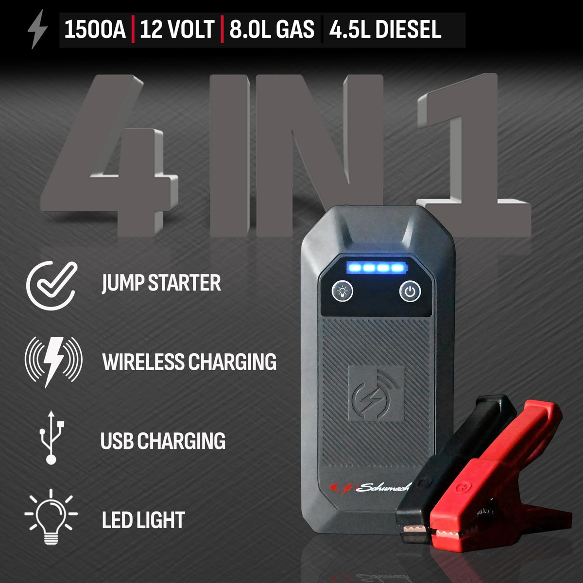 Schumacher SL1674 jumper cables attached to a battery, illustrating safe start assistance