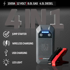Schumacher SL1674 jumper cables attached to a battery, illustrating safe start assistance