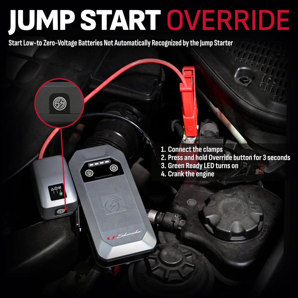 Schumacher SL1674 LED flashlight modes illuminated, providing visibility and safety