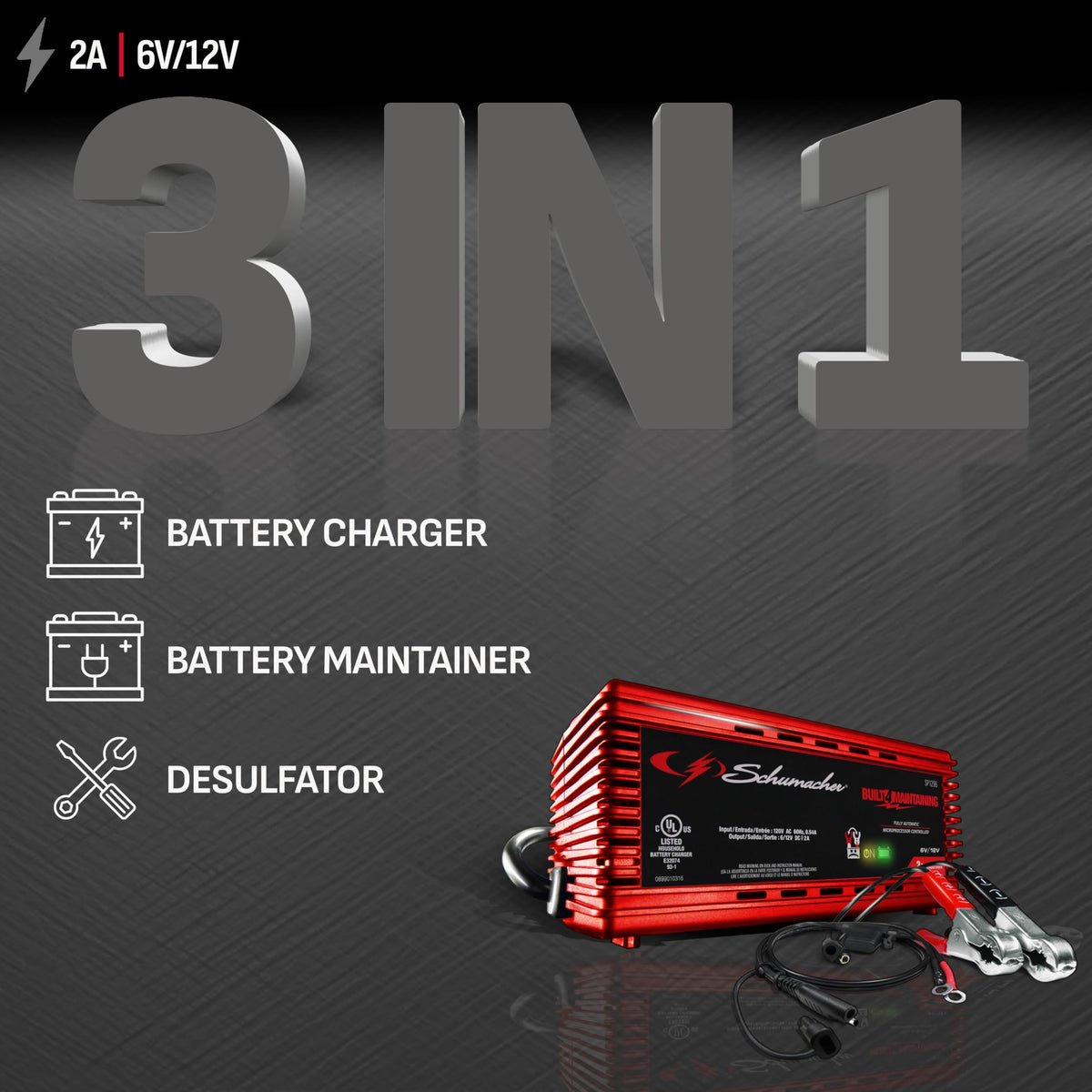 Schumacher SP1296 close-up of controls and labels offering clear operation and safe settings