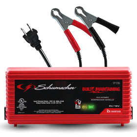 Schumacher SP1296 front view showing compact charger and LED status indicators benefit easy monitoring