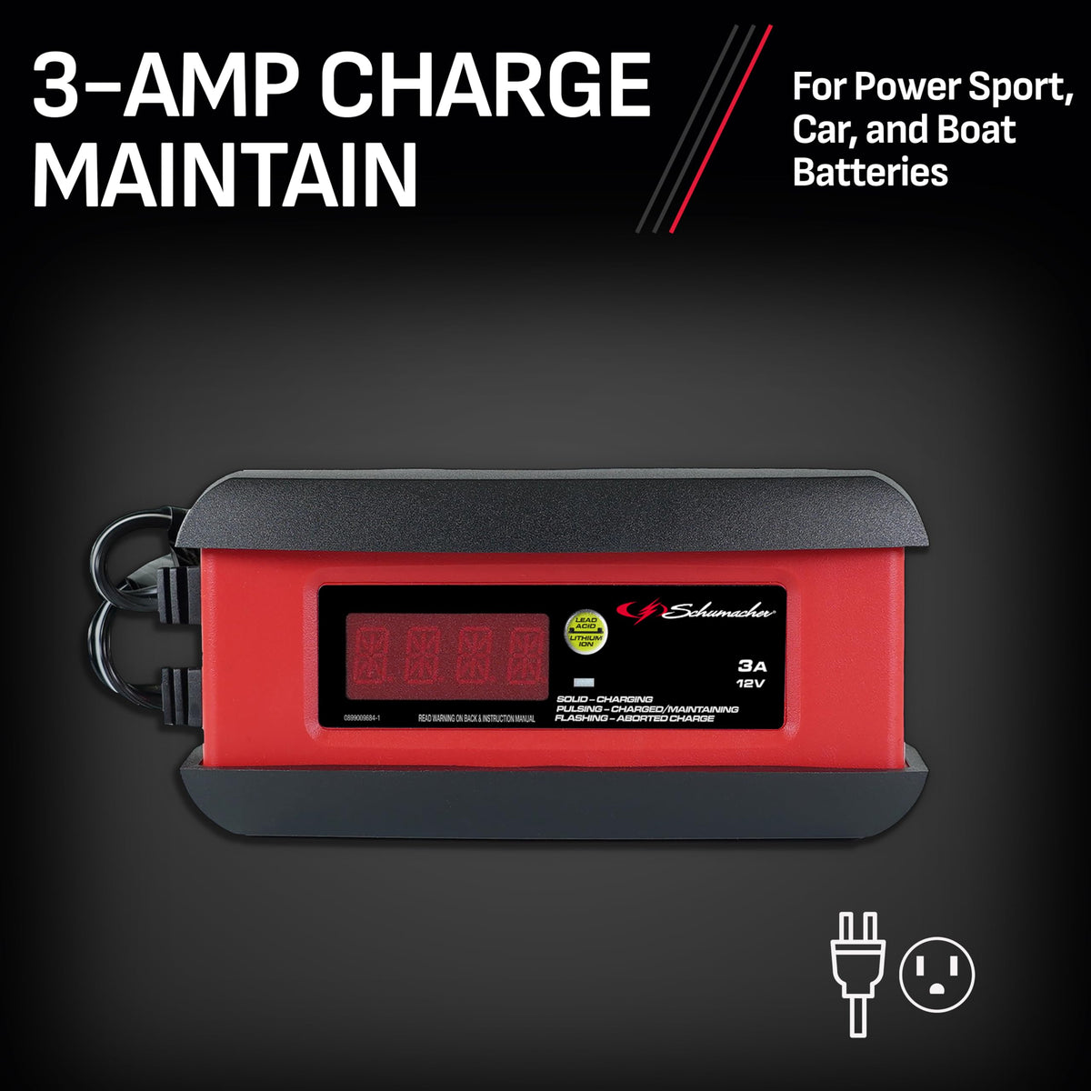 Schumacher Electric connected to car battery during charge, reliable charging performance benefit