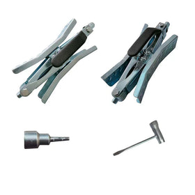 Schumaho hex socket and crank handle displayed with two wheel chocks for fast setup