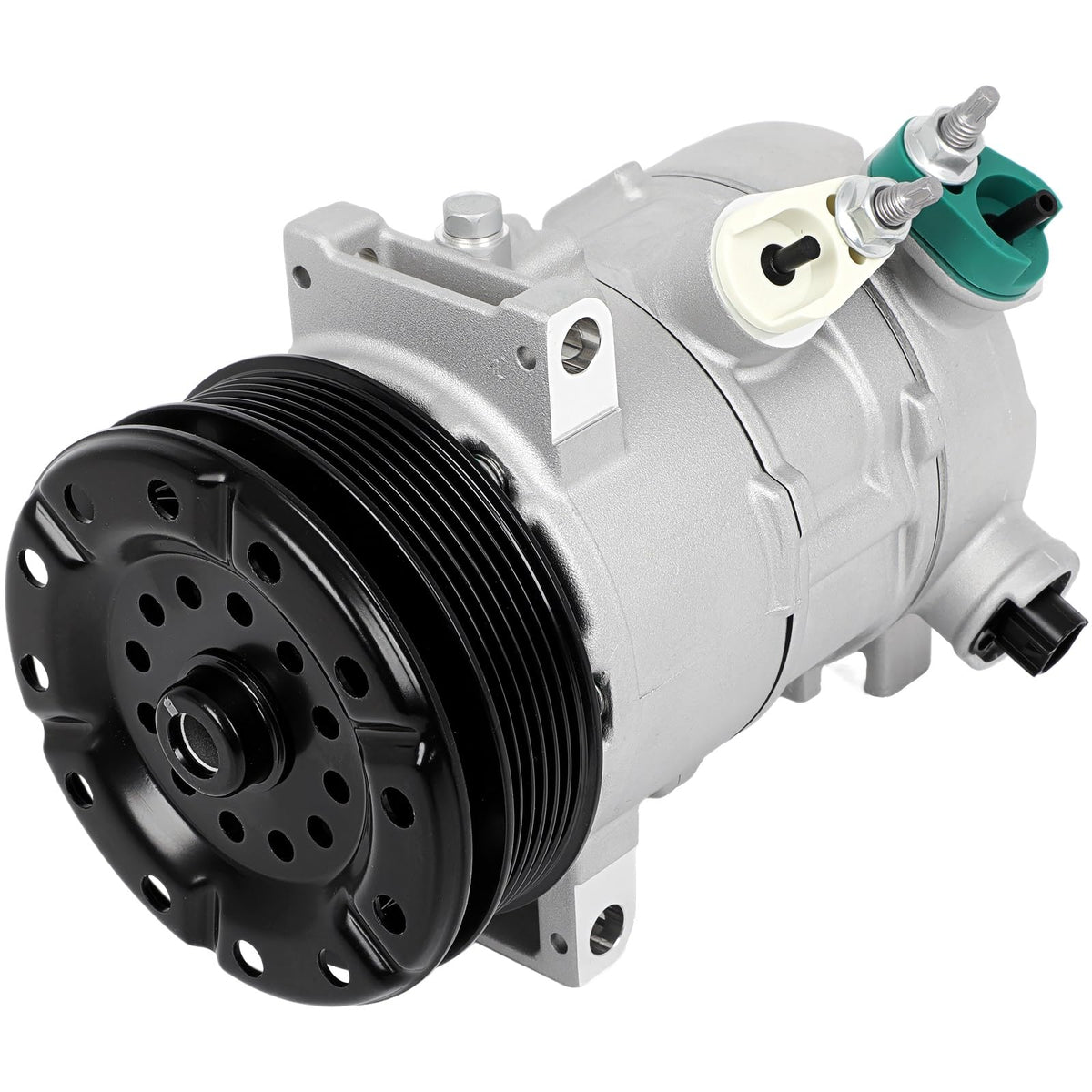 SCITOO front view of AC compressor showing mounting points and quick fit benefit