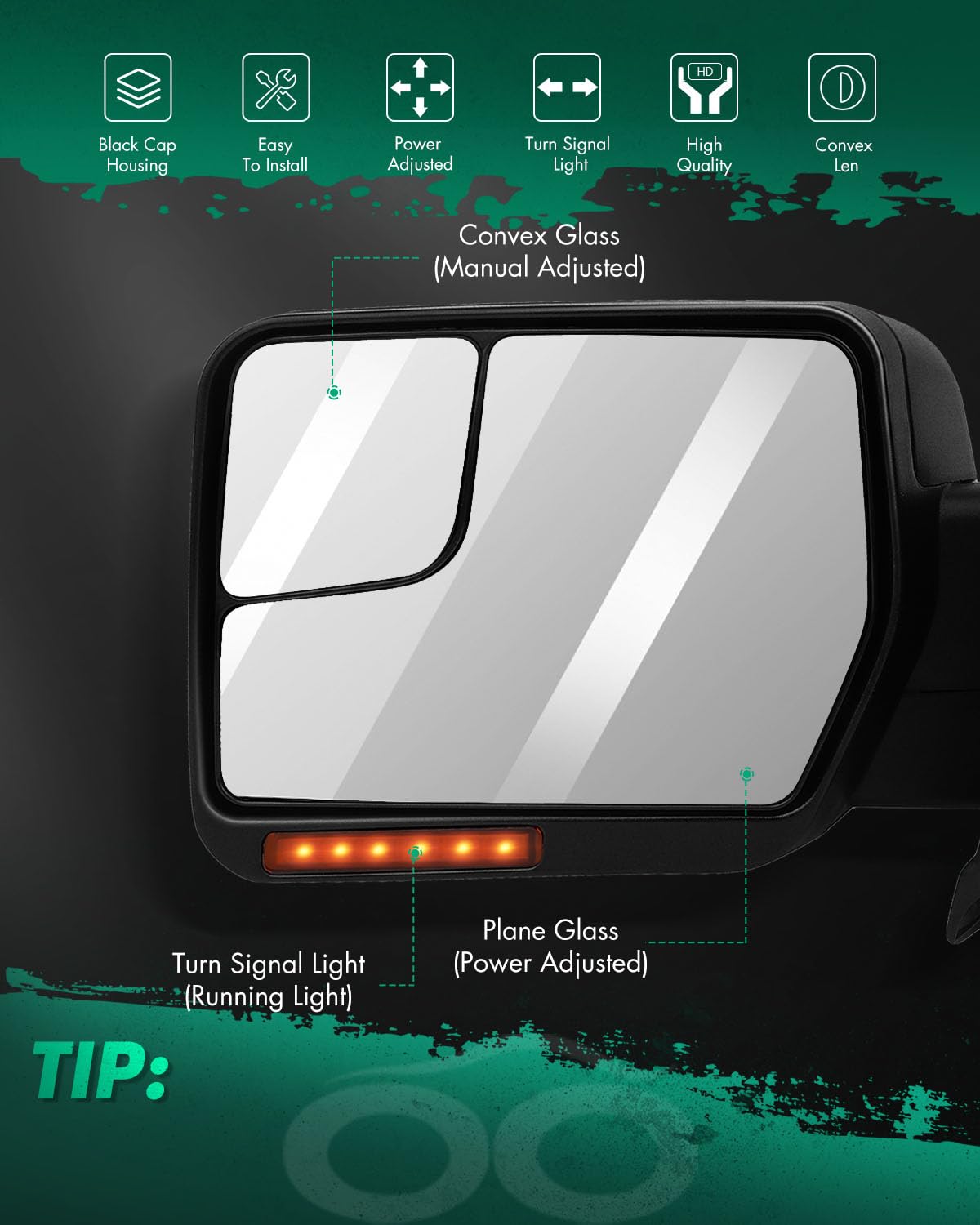 SCITOO close-up of heated mirror glass showing texture and clarity benefit: reduced fog and ice