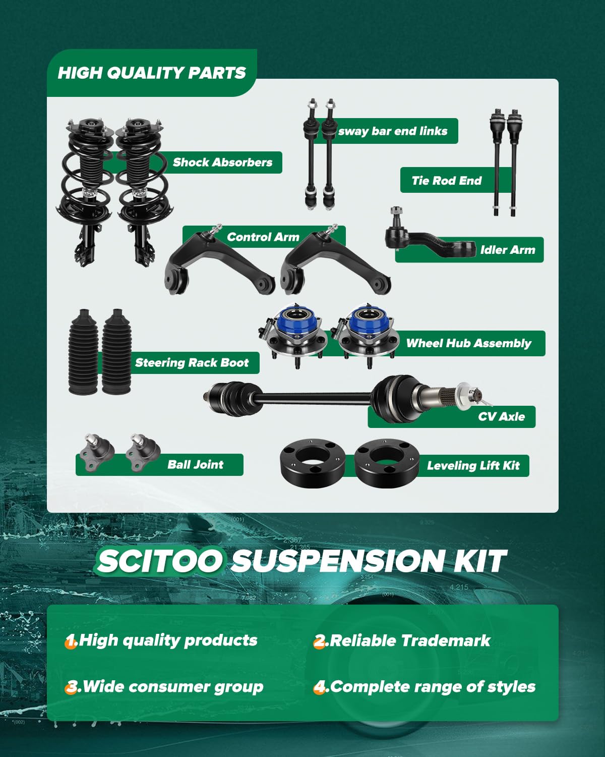 SCITOO driver side lower control arm close-up showing forged steel strength and fitment