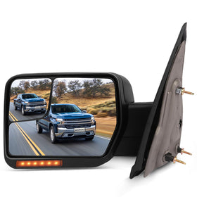 SCITOO driver-side front view on F150 showing full towing mirror and black housing benefit: clear road visibility