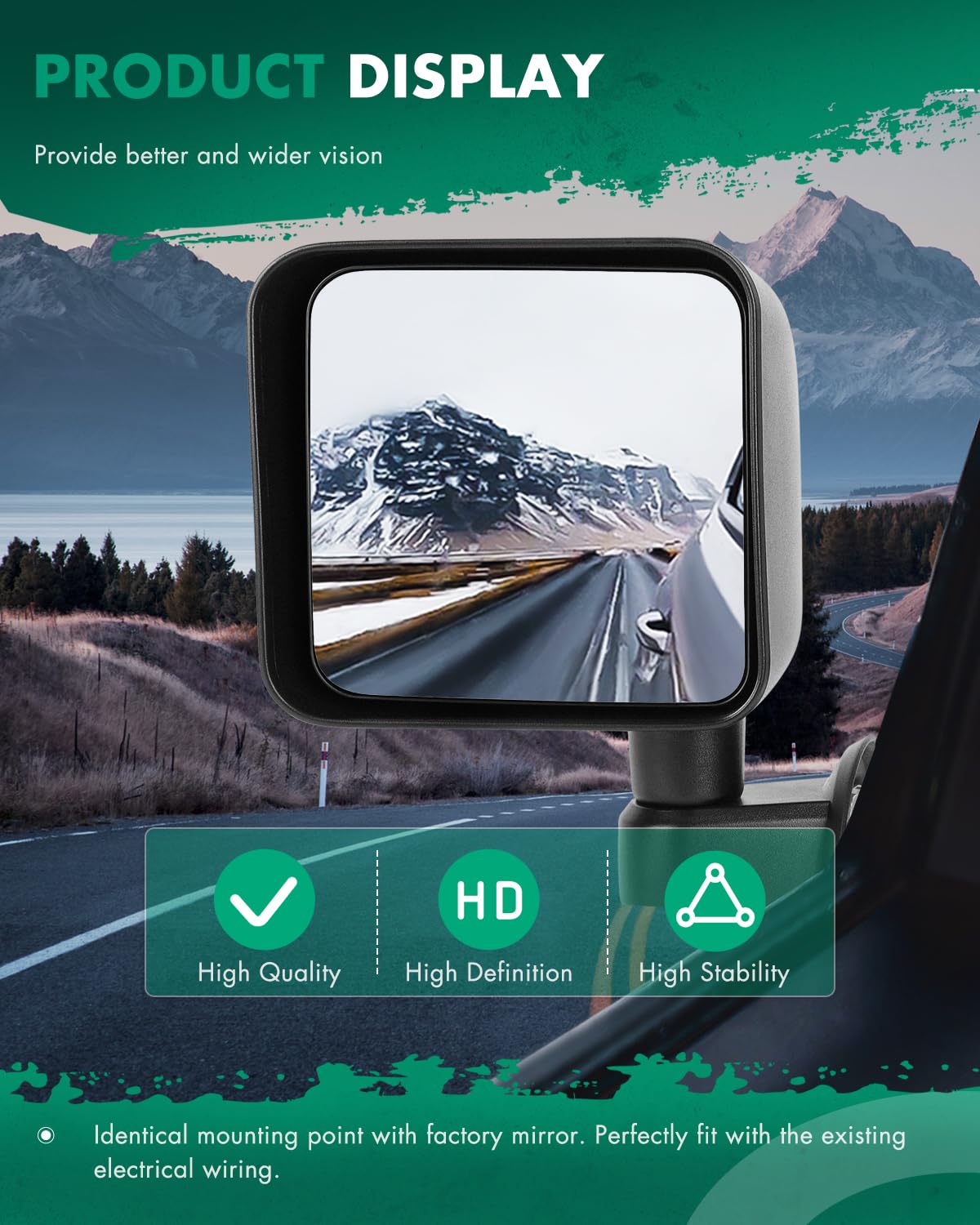 SCITOO mirror installed on Jeep Wrangler demonstrating direct-fit, no-mod benefit