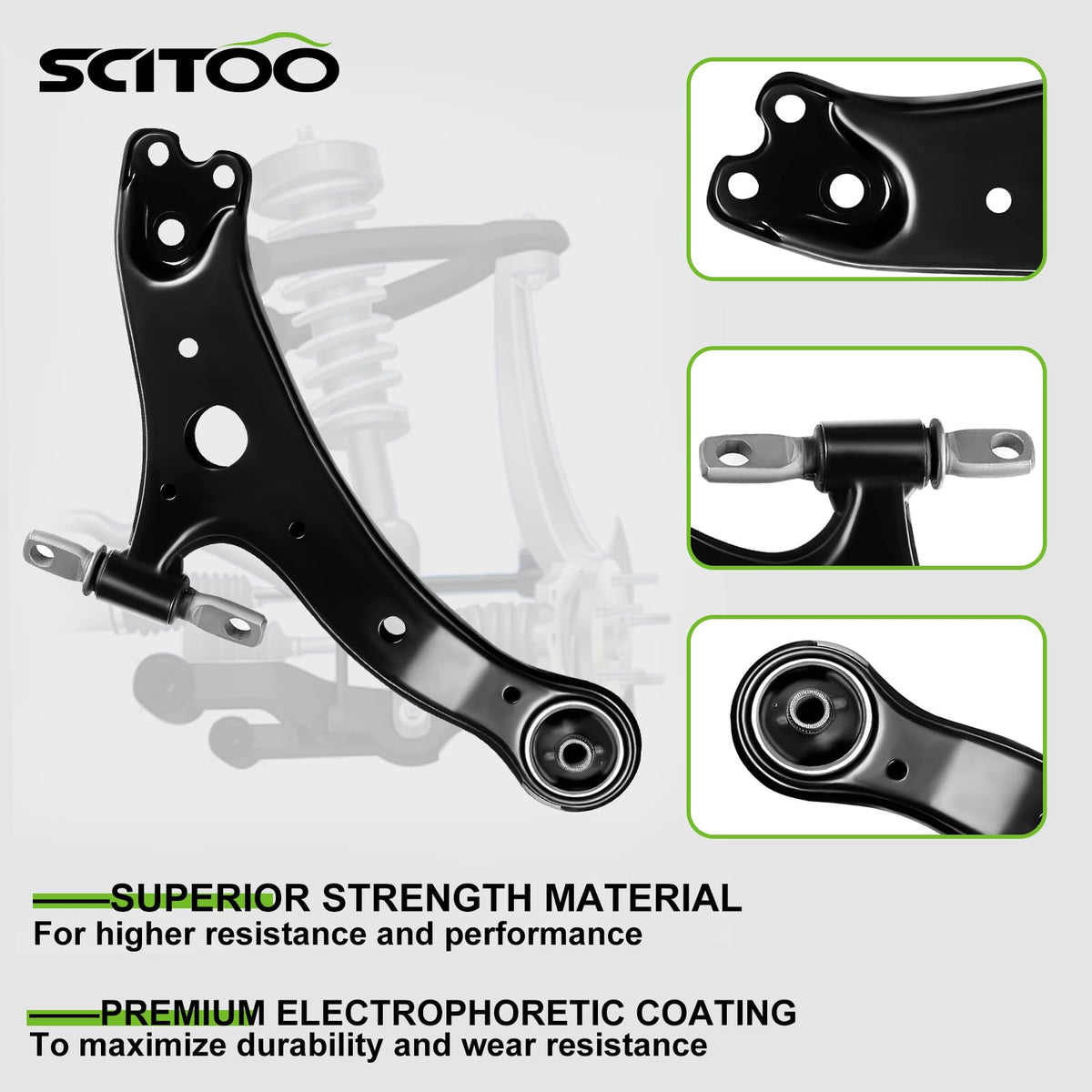 SCITOO front lower ball joint detail with boot, protecting joint for longer life