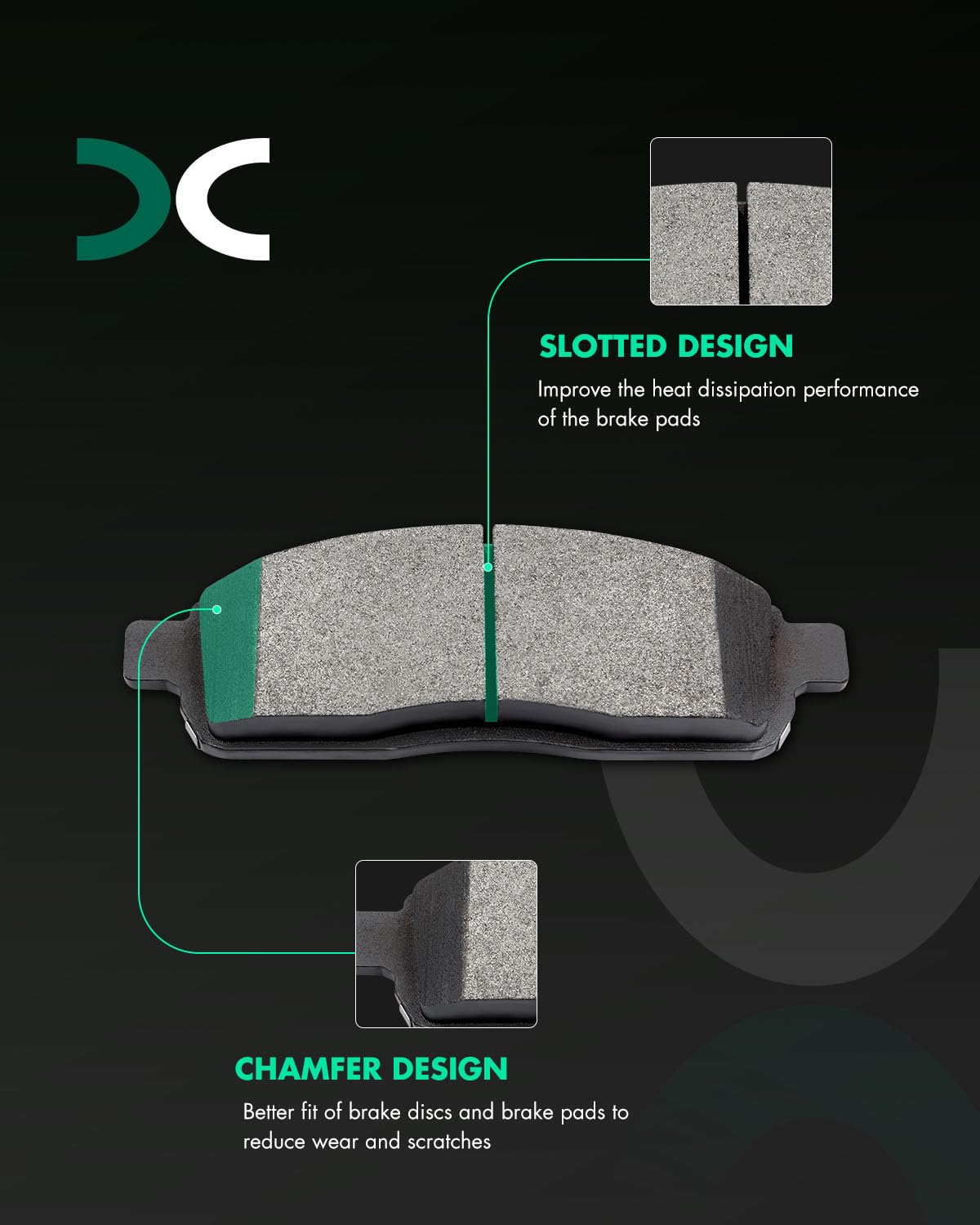 SCITOO front pad close-up showing semi-metallic friction for heat resistance