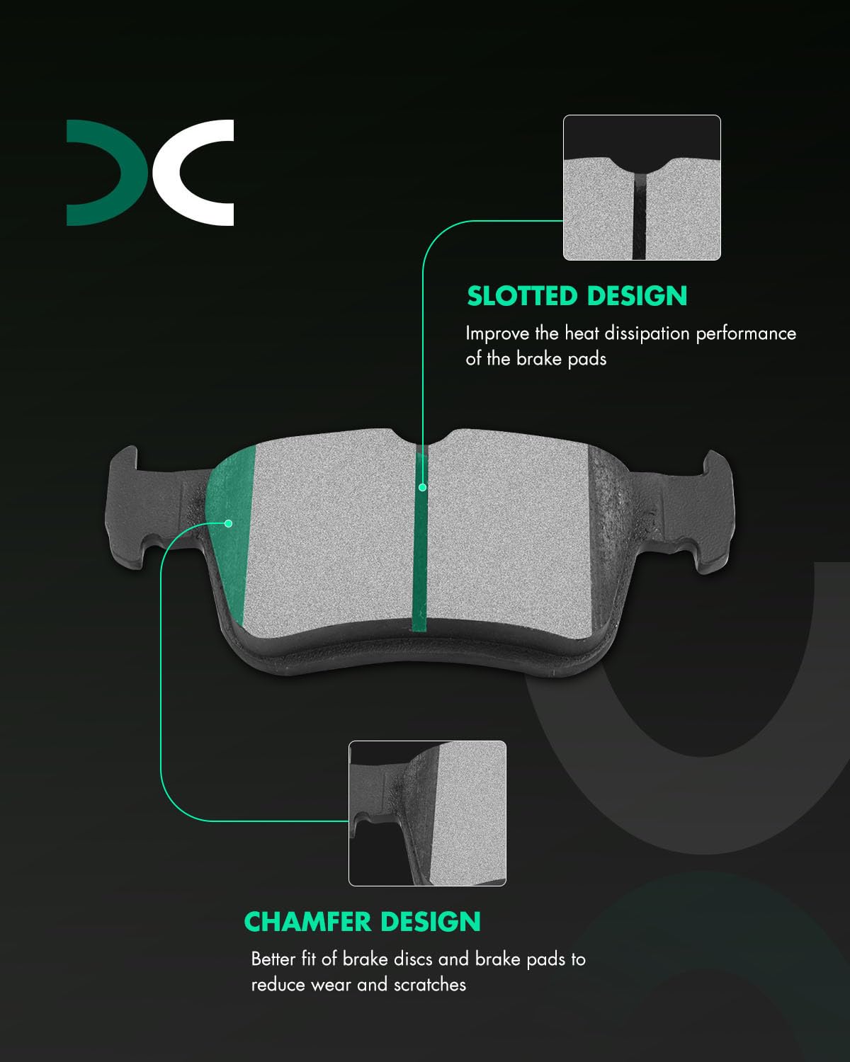 SCITOO close-up of front pad slot and chamfer for quieter, improved braking