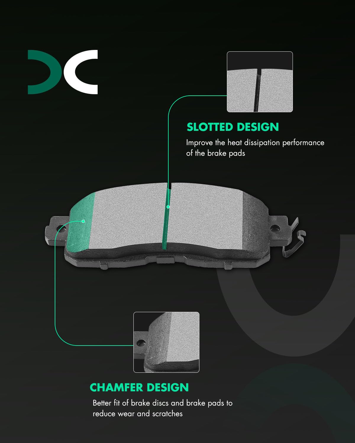 SCITOO semi-metallic front pad close-up highlighting durable friction surface