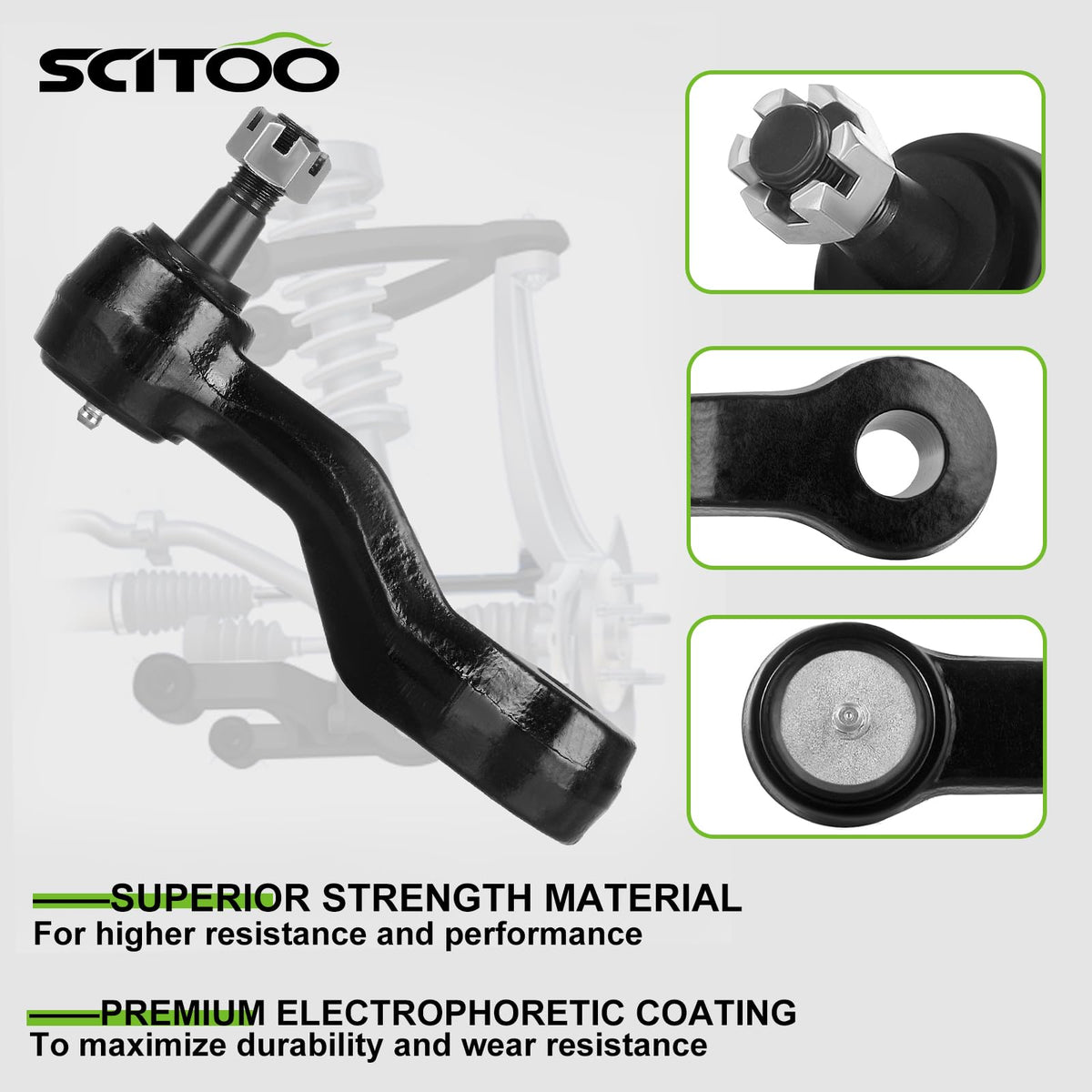 SCITOO idler arm close-up highlighting socket and mounting points for long-term durability