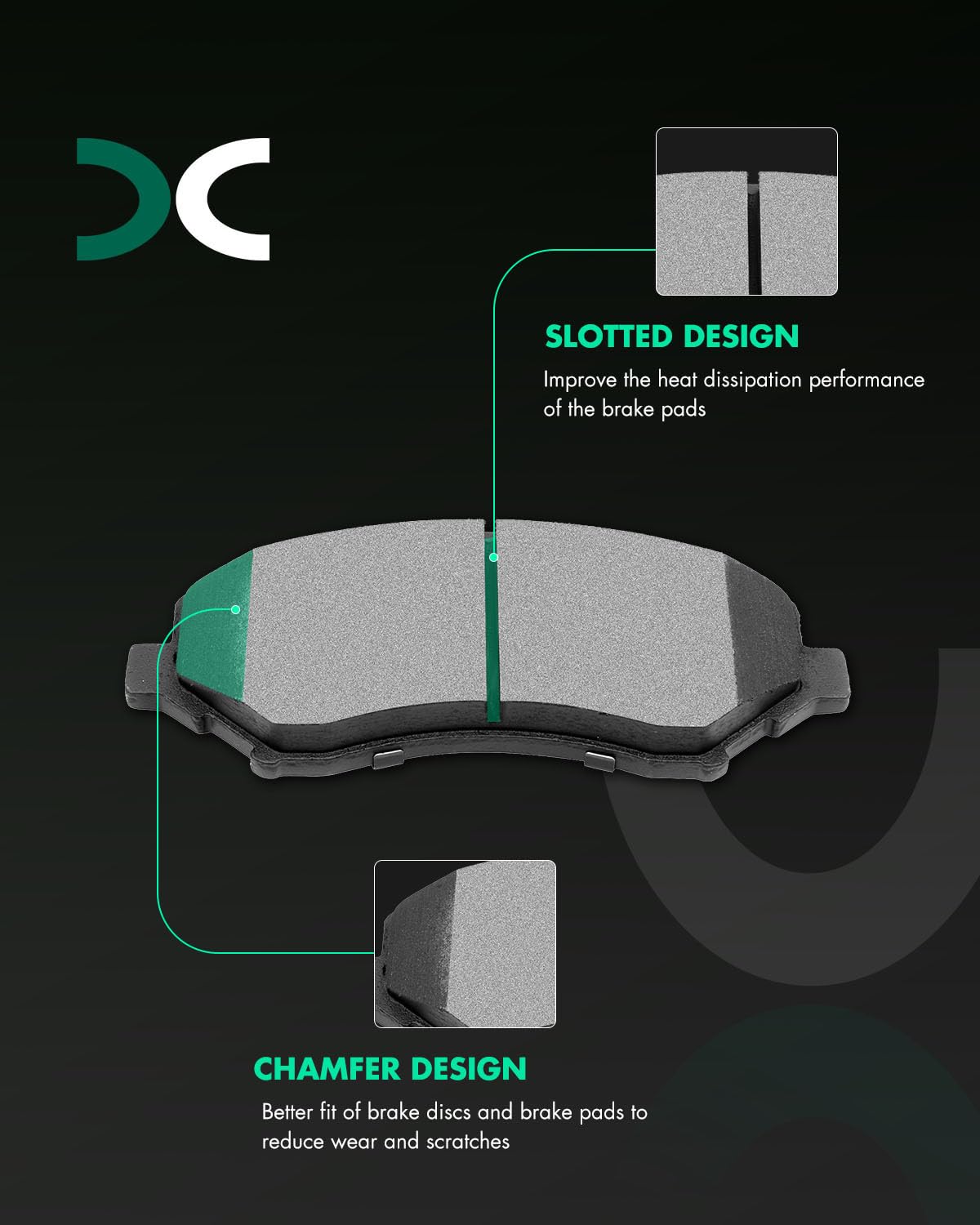 SCITOO close-up of pad friction surface and slotting for improved heat ventilation