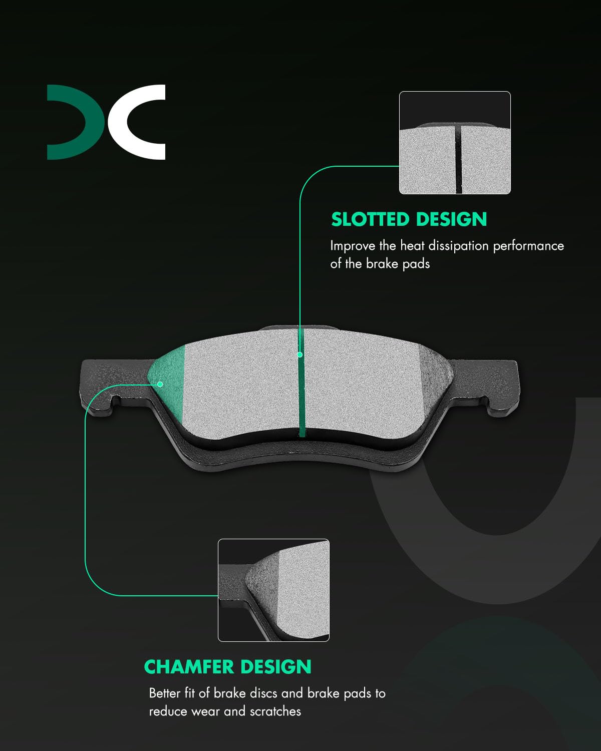 SCITOO pad front close-up showing ceramic face and friction material, highlights durability