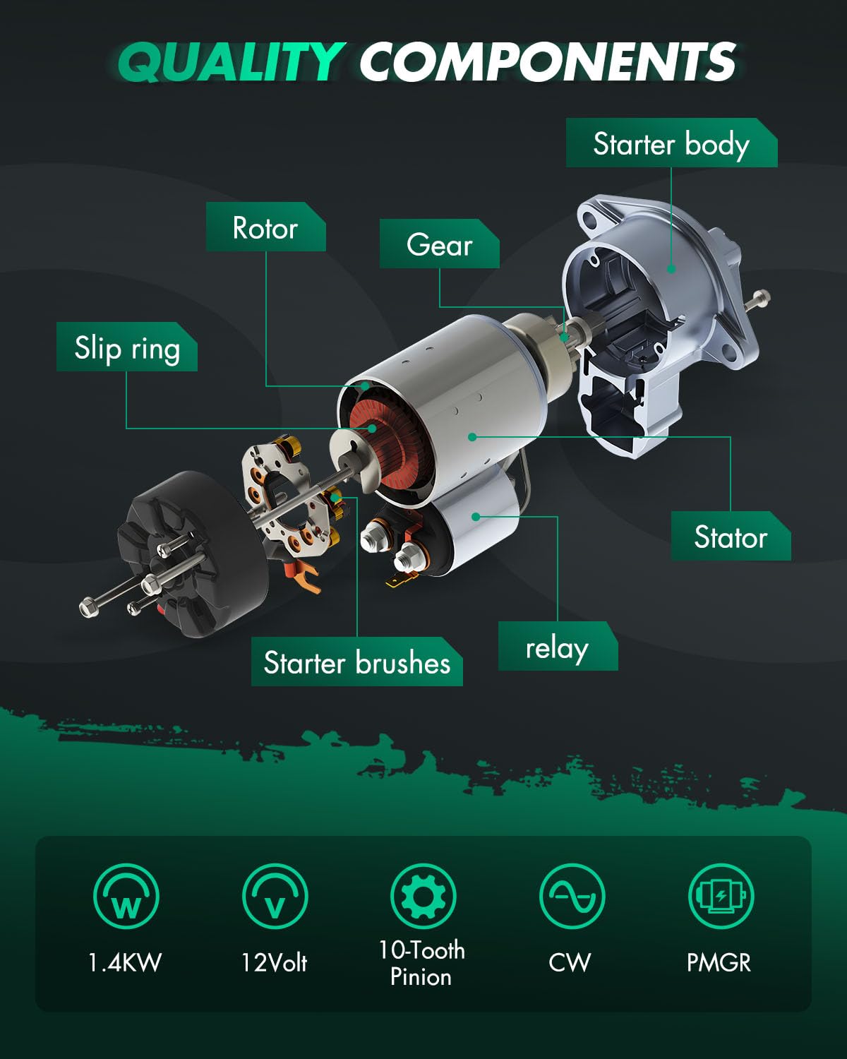 SCITOO starter label and specs showing 12V 1.4kW markings for correct replacement