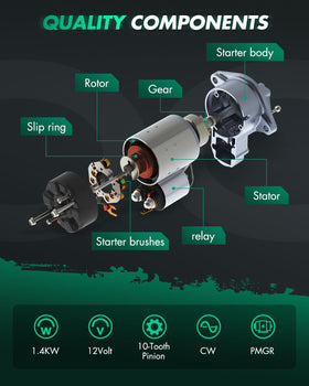 SCITOO starter label and specs showing 12V 1.4kW markings for correct replacement