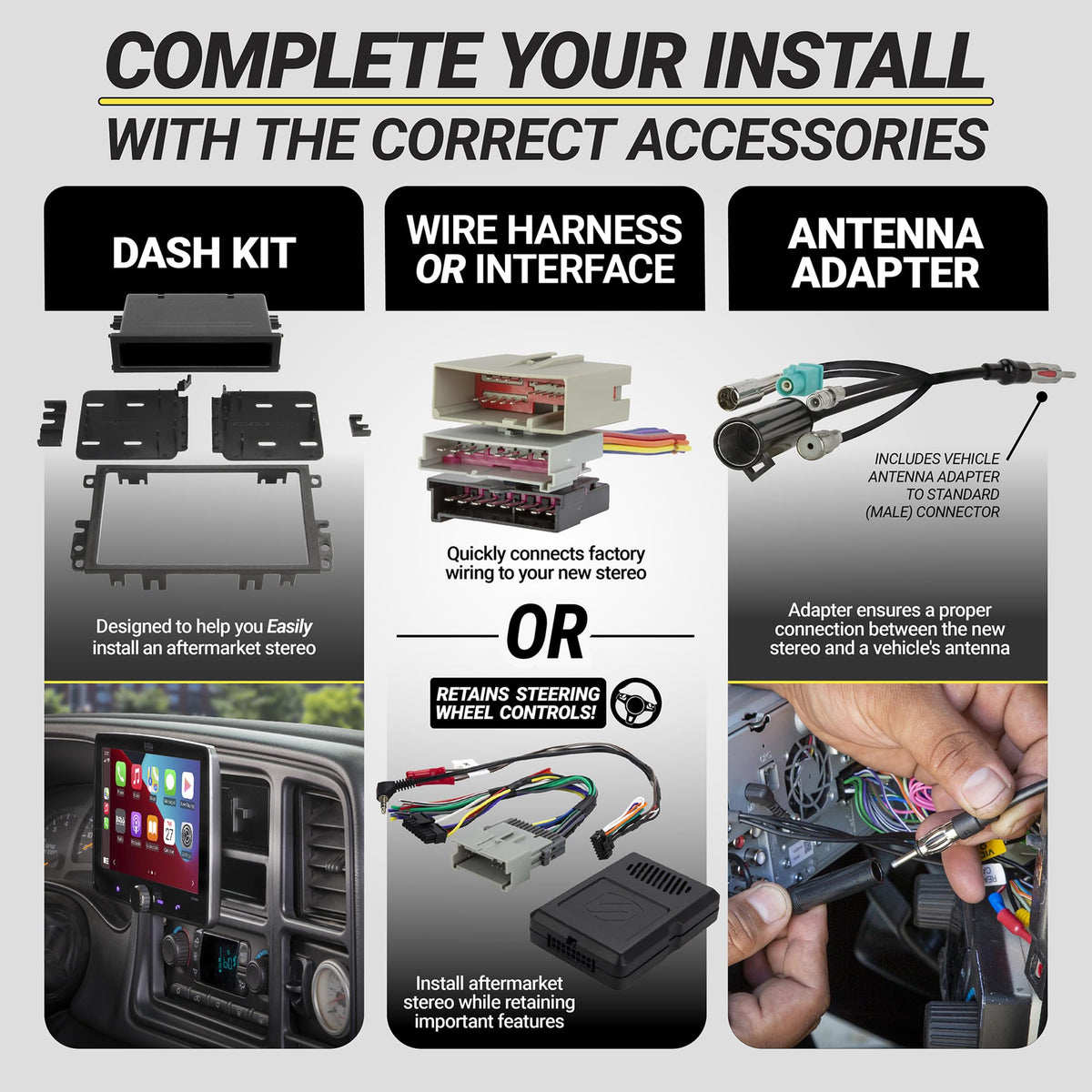 Scosche included mounting hardware laid out for fast installation benefit