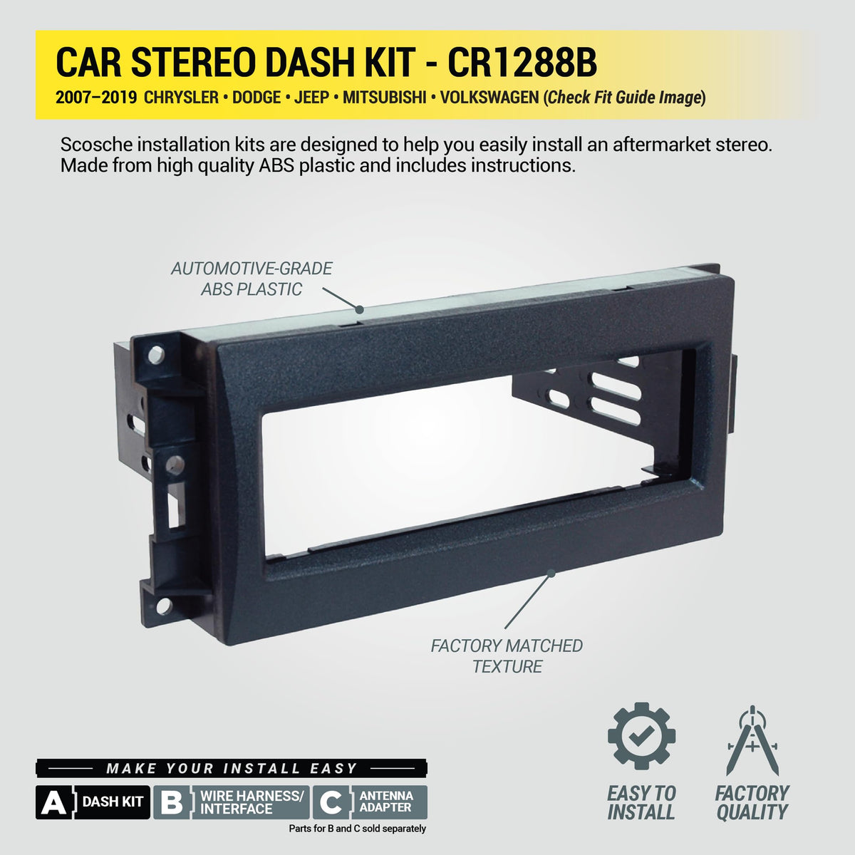 Scosche close-up of textured ABS surface matching factory dash benefit