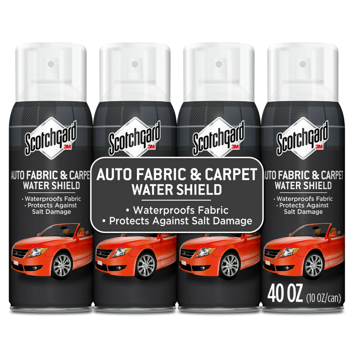 Scotchgard front pack showing four 10 oz cans protecting interiors