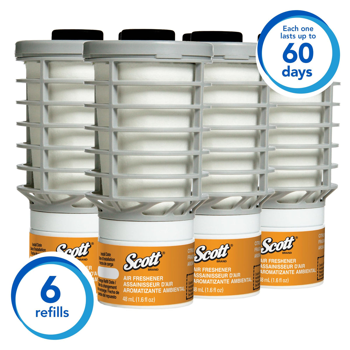 Scott Professional cartridge close-up highlighting 48 mL refill and easy snap-in installation benefit