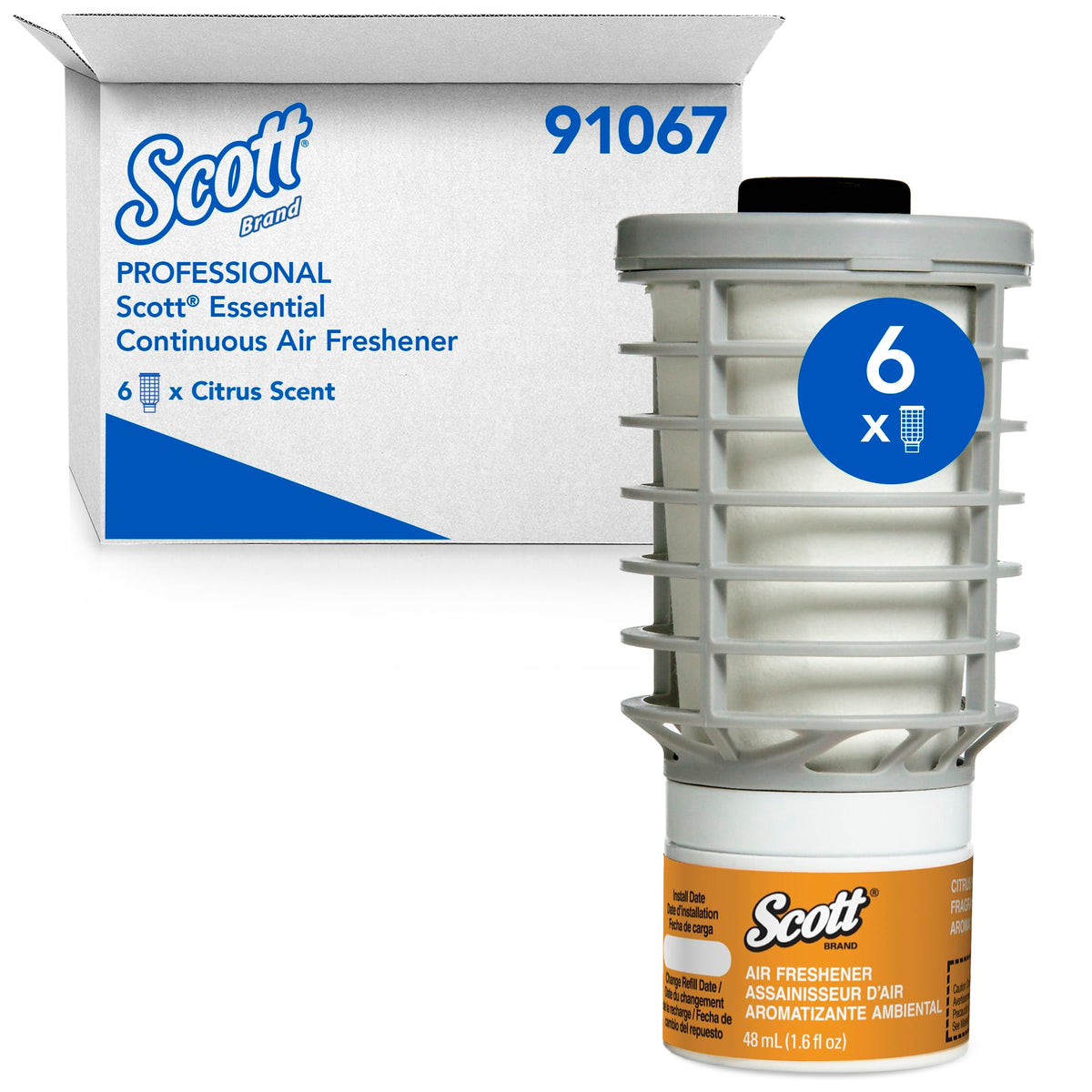 Scott Professional front packaging showing six citrus refills and case benefit of bulk supply